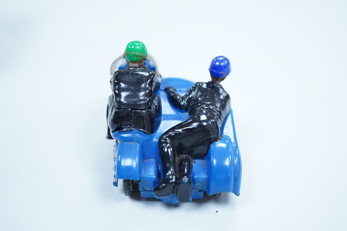 A boxed Tri-ang Scalextric T. C. Seat 600 (C-31) in red, with correct red spot box, together with an unboxed Hurricane combination motorcycle and sidecar MM/82